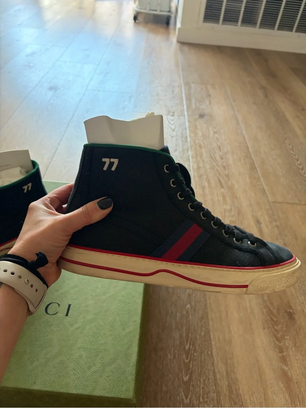 Gucci Men's Black High-Top Sneakers with Red & Blue Web Stripe Tennis 1977 sneak